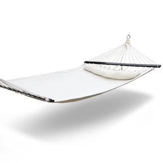 Large White Canvas Hammock with Dark Spreader Bar and Pillow