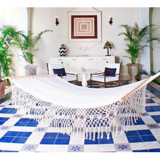 Queen Size White Cotton Mexican Hammock with Spreader Bar