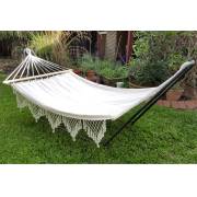 Large White Canvas Hammock with Spreader Bar and Tassels