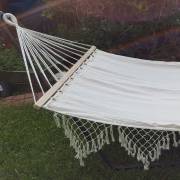 Large White Canvas Hammock with Spreader Bar and Tassels