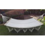 Large White Canvas Hammock with Spreader Bar and Tassels