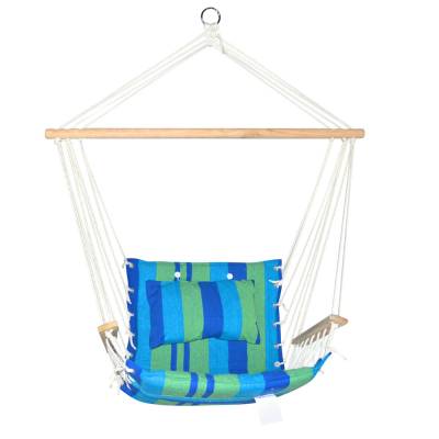 Blue Padded Hammock Chair with Wooden Arm Rests and Pillow