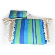 Blue Padded Hammock Chair with Wooden Arm Rests and Pillow