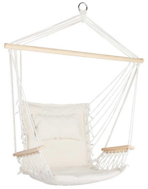 Beige Padded Hammock Chair with Wooden Arm Rests and Pillow