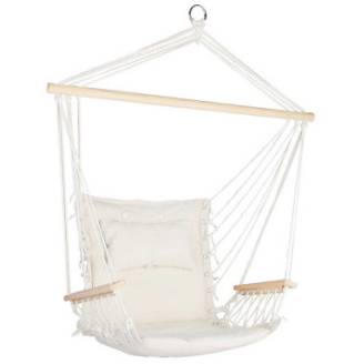 Beige Padded Hammock Chair with Wooden Arm Rests and Pillow