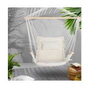 Beige Padded Hammock Chair with Wooden Arm Rests and Pillow