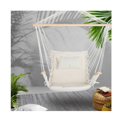 Beige Padded Hammock Chair with Wooden Arm Rests and Pillow