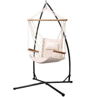 Beige Padded Hammock Chair with Wooden Arm Rests with Stand