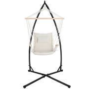 Beige Padded Hammock Chair with Wooden Arm Rests with Stand