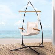 Beige Padded Hammock Chair with Wooden Arm Rests with Stand