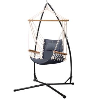 Dark Grey Padded Hammock Chair with Wooden Arm Rests with Stand