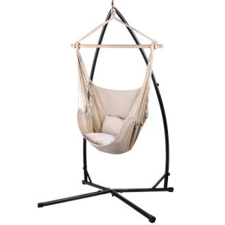 Beige Canvas Hammock Chair with Pillow with Stand