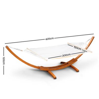XL Free Standing Hammock: Large Beige Spreader Bar Hammock with Light Wood Stand