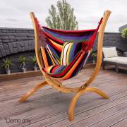 Multi Colour Hammock Chair with Pillows and Curved Wooden Stand