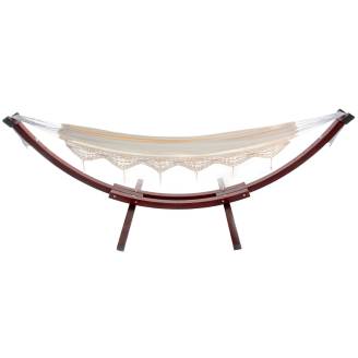 Free Standing Hammock: Large Beige Canvas Hammock with Dark Wood Stand