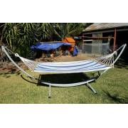 XL Free Standing Hammock: Blue and White Canvas Hammock and Arc Stand