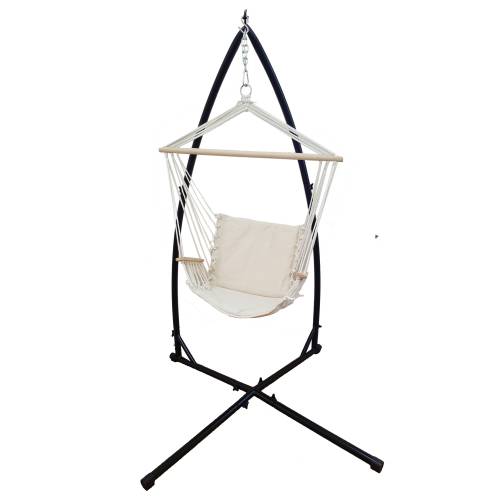 Beige Padded Hammock Chair With Wooden Arm Rests With