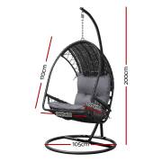 Black wicker egg chair with dimensions marked, 200cm tall, 105cm base, pod 102cm wide, 60cm deep and 110cm tall