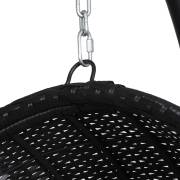 Close up of the chain, hook and woven top of the black wicker egg chair