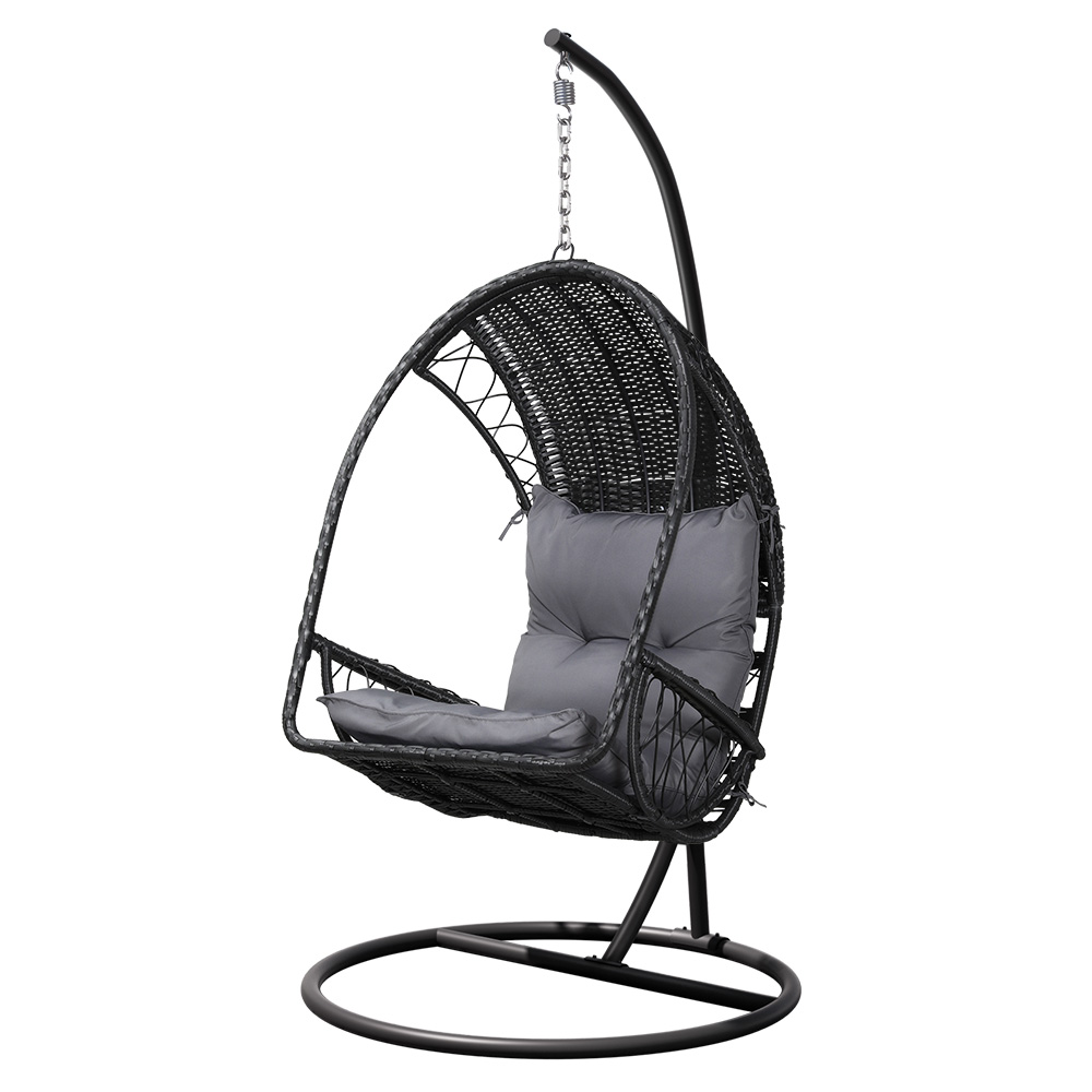 Black Wicker Hanging Egg Chair with Armrests and Stand