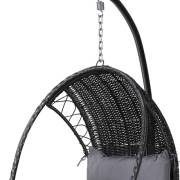Close up of the black wicker weave, the chain and the top of the cushion, seen from the side