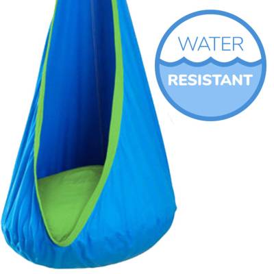 Blue and green waterproof sensory swing pod chair with a water resistant badge