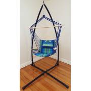 Blue Padded Hammock Chair with Wooden Arm Rests and Pillow with Stand