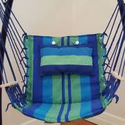 Blue Padded Hammock Chair with Wooden Arm Rests and Pillow with Stand