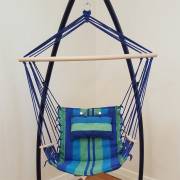 Blue Padded Hammock Chair with Wooden Arm Rests and Pillow with Stand