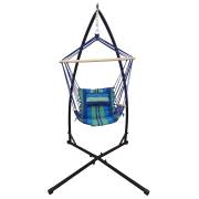 Blue Padded Hammock Chair with Wooden Arm Rests and Pillow with Stand