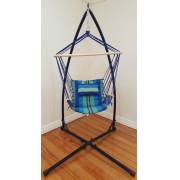 Blue Padded Hammock Chair with Wooden Arm Rests and Pillow with Stand