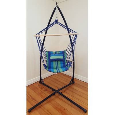 Blue Padded Hammock Chair with Wooden Arm Rests and Pillow with Stand