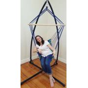 Blue Padded Hammock Chair with Wooden Arm Rests and Pillow with Stand