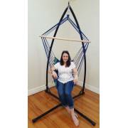 Blue Padded Hammock Chair with Wooden Arm Rests and Pillow with Stand