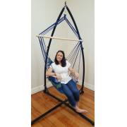 Blue Padded Hammock Chair with Wooden Arm Rests and Pillow with Stand