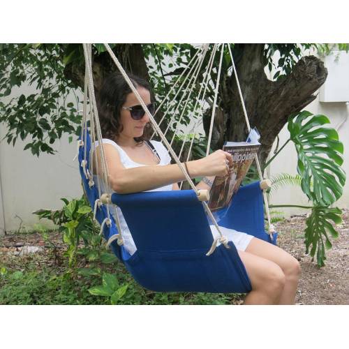 Blue Padded Hammock Chair with Wooden Arm Rests and Girl