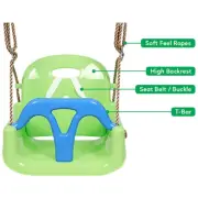 Seat with labels for the soft feel ropes, high backrest, seat belt and T-bar