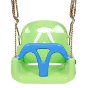 Close up of the green toddler seat with its blue front bar and adjustable ropes