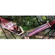 Small Bright Multi-Colour Canvas Hammock with Spreader Bar with Model