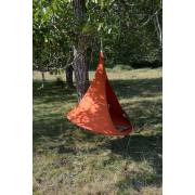 Orange Cacoon single hanging from a tree in a garden