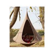 Child lying in a taupe Cacoon single hung from a tree