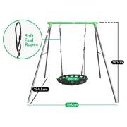 Swing set dimensions: 198cm wide, 194.5cm deep, 181cm tall, with an 85cm nest swing