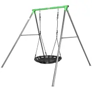 Steel swing frame and nest swing from the side, showing the A-frame legs and braces