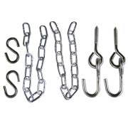 Chain hanging kit on white: two zinc plated chains, two S-hooks and two screw in hook bolts