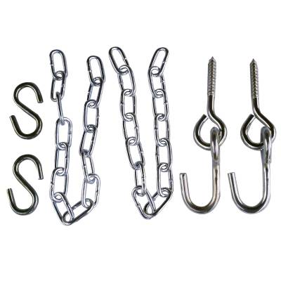 Chain hanging kit on white: two zinc plated chains, two S-hooks and two screw in hook bolts