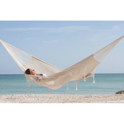 King Size Outdoor Cream Cotton Mexican Hammock with Fringe and Tassels