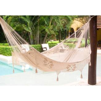 King Size Outdoor Cream Cotton Mexican Hammock with Fringe and Tassels