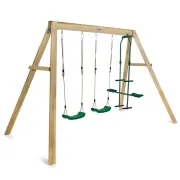 Timber swing set from an angle, showing the A-frame legs, on white