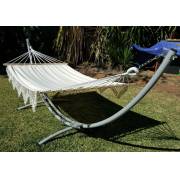 XL Free Standing Hammock: White Spreader Bar Canvas Hammock with Tassels and Arc Stand