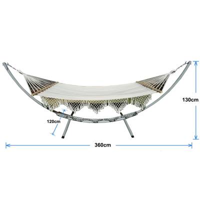 XL Free Standing Hammock: White Spreader Bar Canvas Hammock with Tassels and Arc Stand